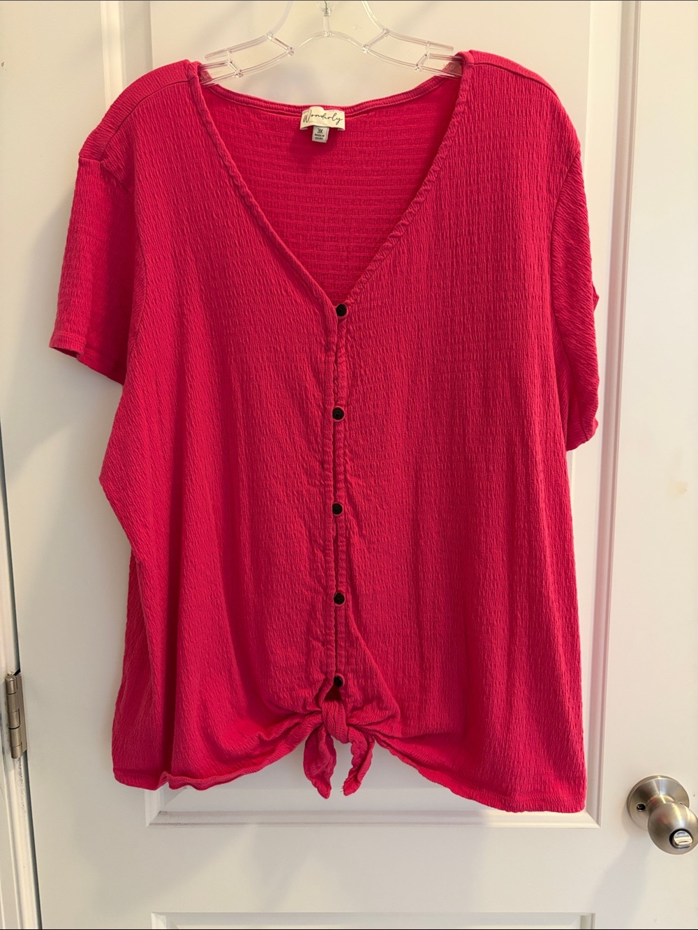 Wonderly Hot Pink Button-Front Tie-Hem V-Neck Blouse